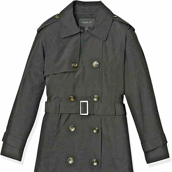 London Fog Cape Back Trench Coat 40R BLACK Double-Breasted Belted Preppy Classy - Picture 11 of 12